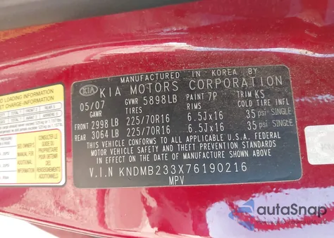 2007 Kia Sedona Lx z USA, uszkodzony, nr VIN KNDMB233X76190216